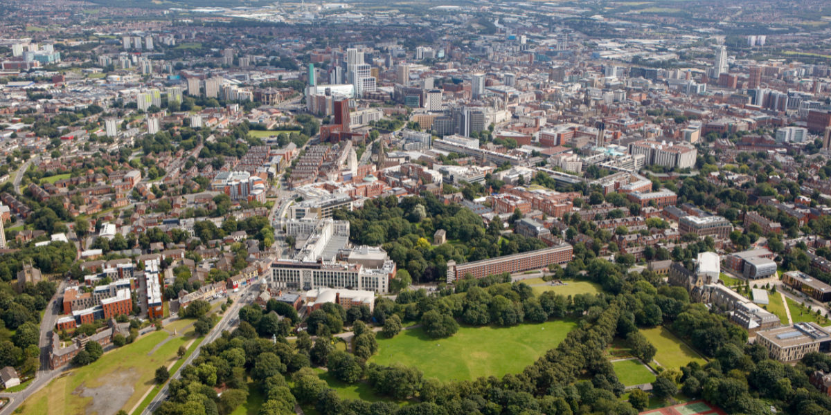 The River Aire and city-centre architecture in central Leeds
