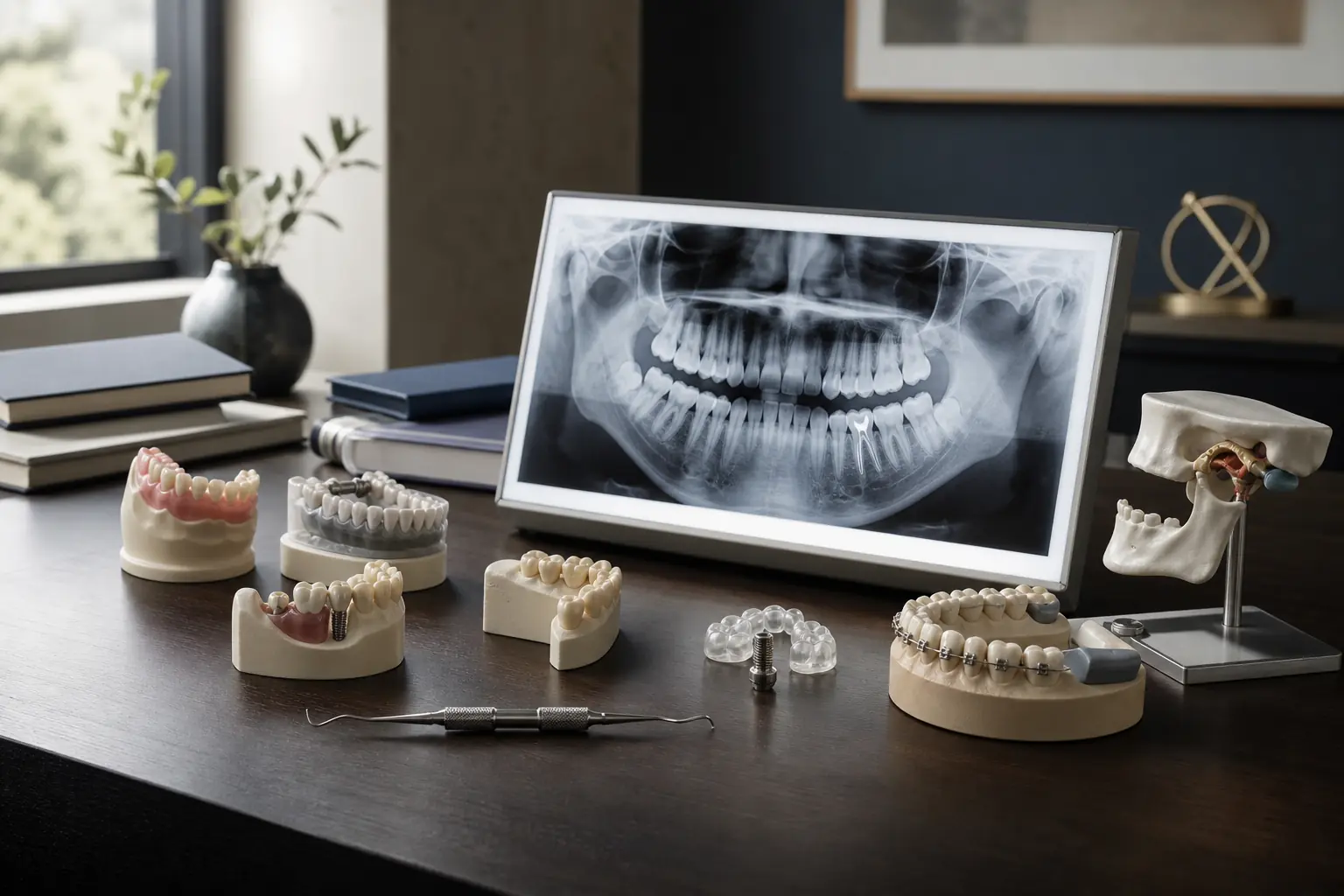 Dental radiographic evidence, study models and diagnostic instruments arranged for expert review