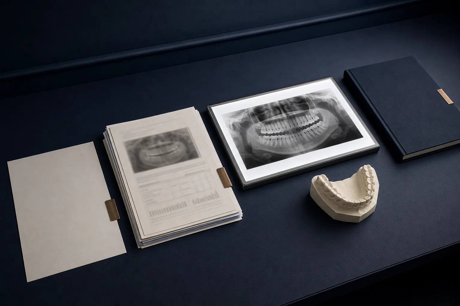 An organised dental expert instruction progressing from records and radiographs to a bound report