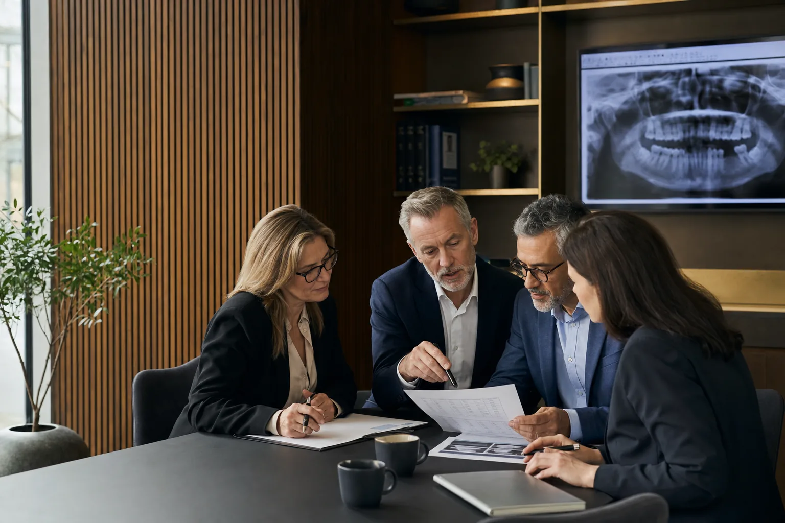 Dental experts and a case manager reviewing clinical evidence together