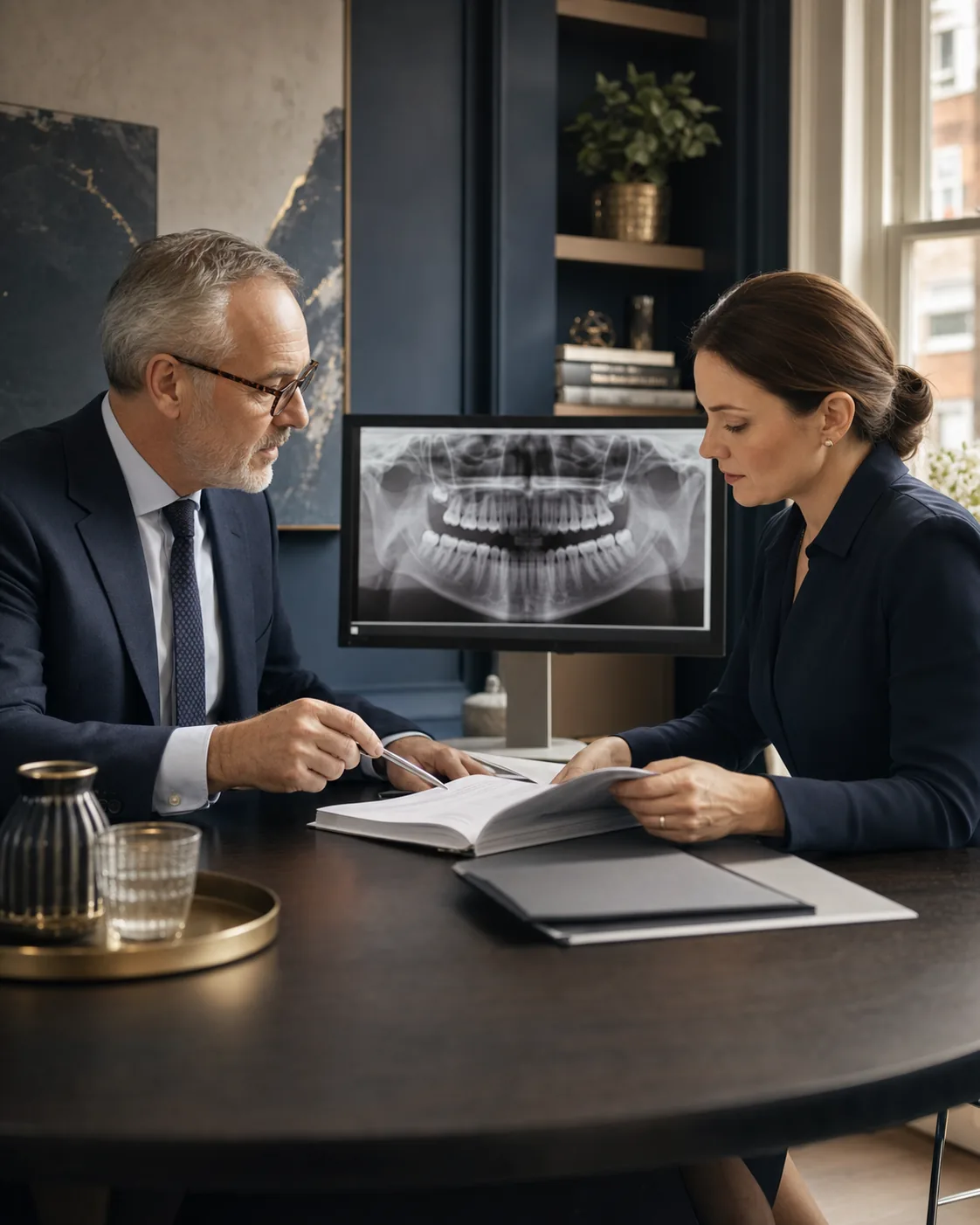 A dental specialist and case manager reviewing an anonymised panoramic dental radiograph and case papers