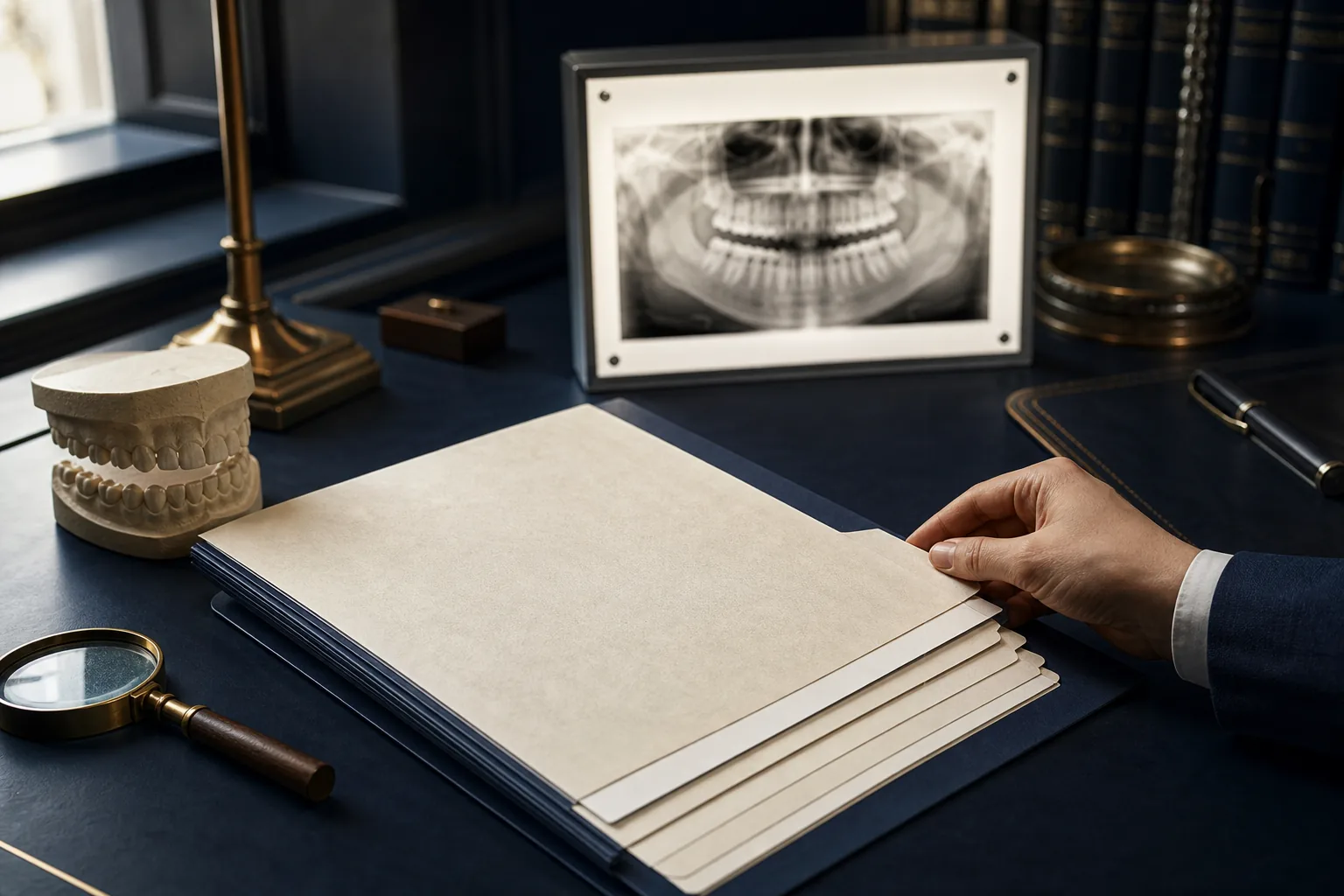 Organised dental medico-legal case file with a dental model and panoramic radiograph