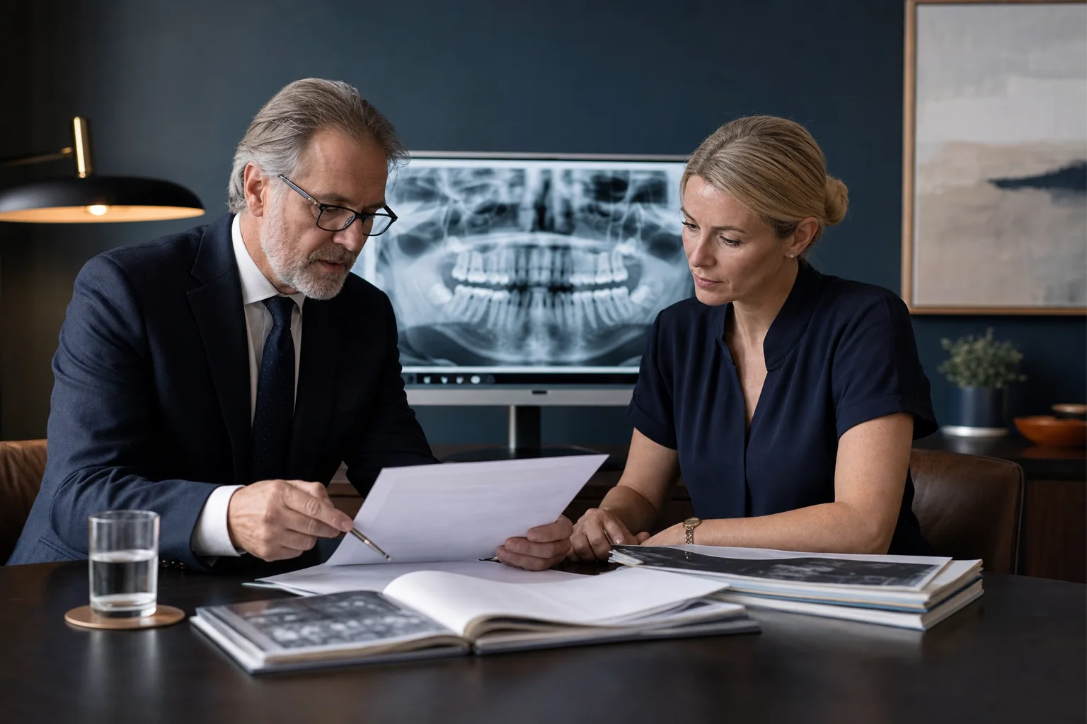 A solicitor and dental clinician reviewing anonymised records with a panoramic dental radiograph