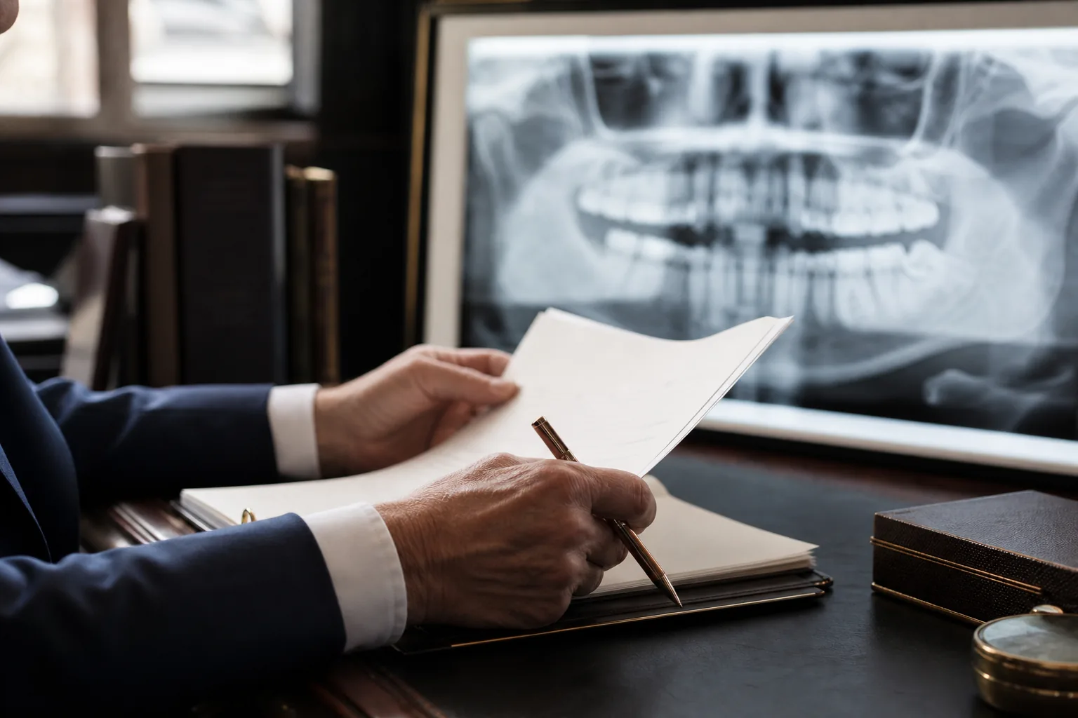 A dental expert reviewing an anonymised report alongside a panoramic dental radiograph