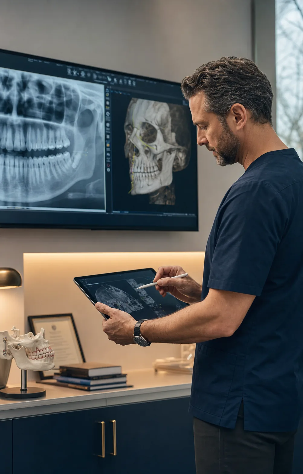 An oral and maxillofacial clinician assessing a panoramic dental radiograph and three-dimensional facial scan