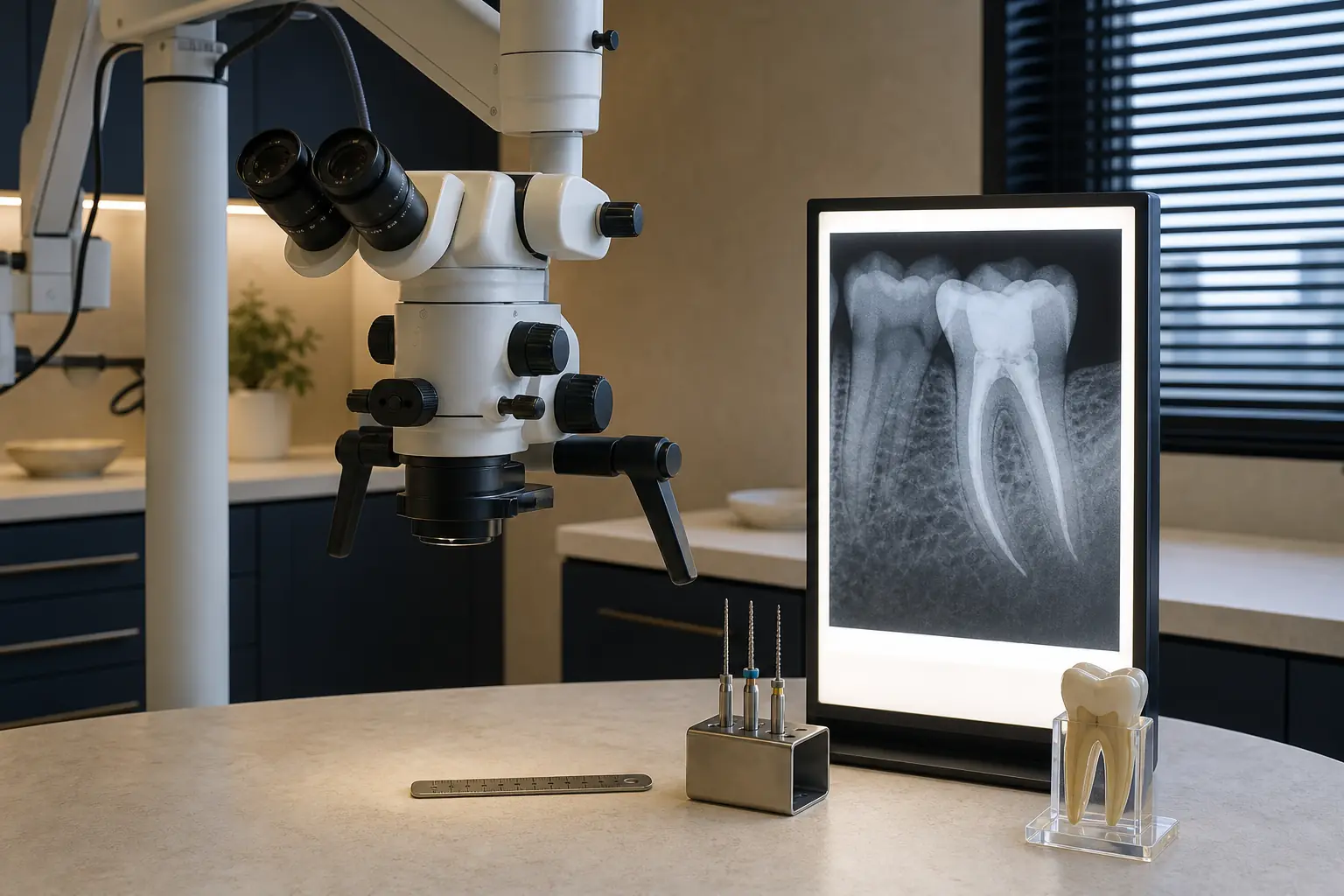Dental operating microscope and periapical radiograph prepared for an endodontic evidence review