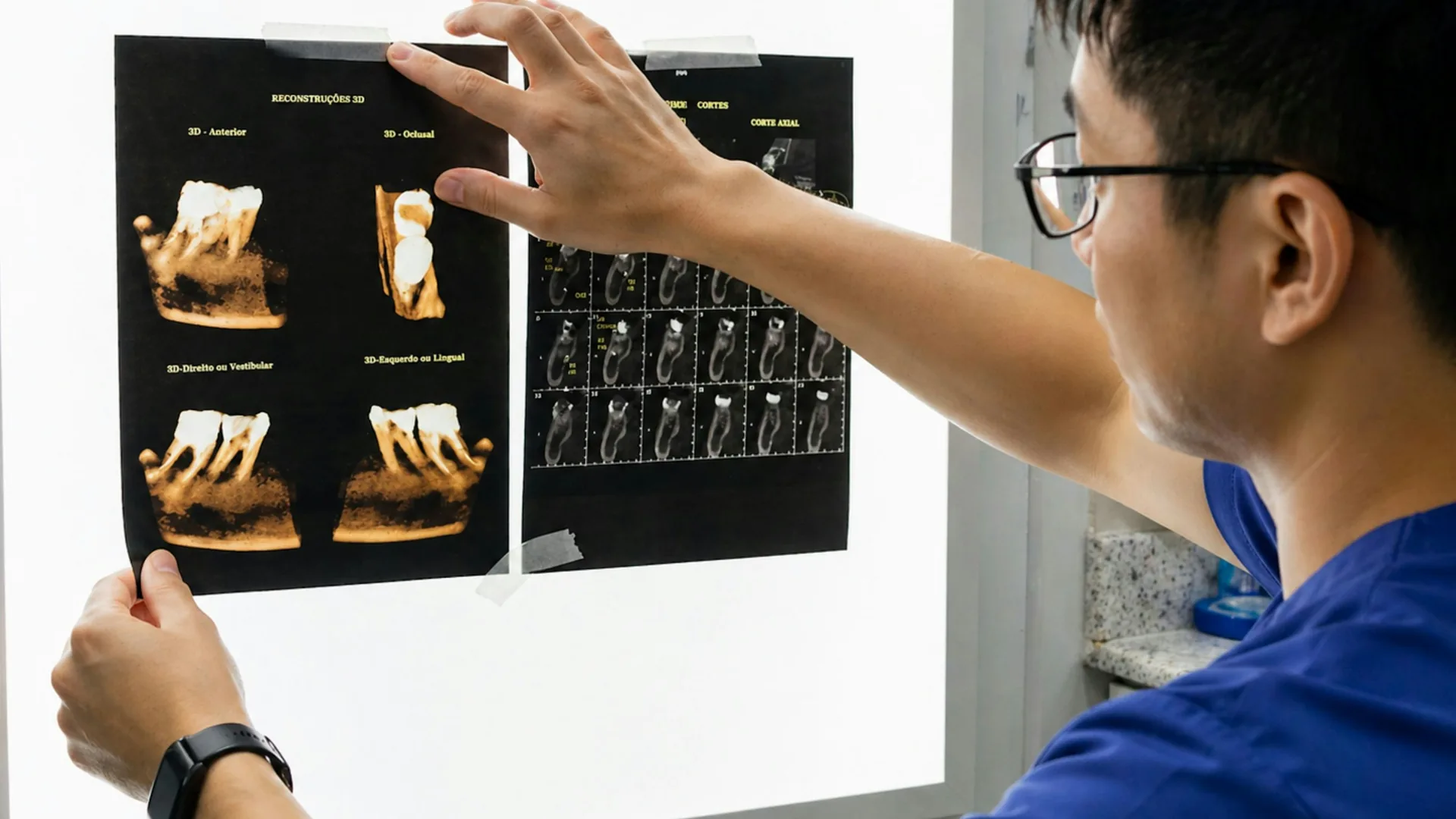Dental clinician examining dental radiographs on an illuminated display