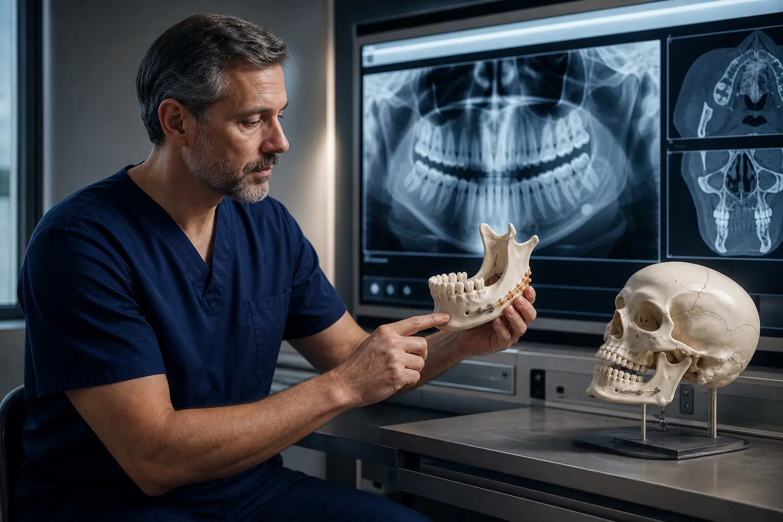 Oral and maxillofacial clinician comparing a mandible model with panoramic and facial skeletal imaging